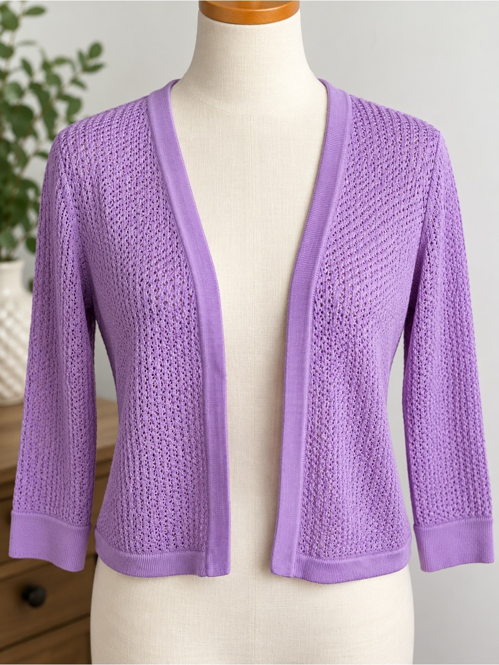 Talbots Lavender Purple Open Knit Cardigan Sweater Size M Cotton Modal